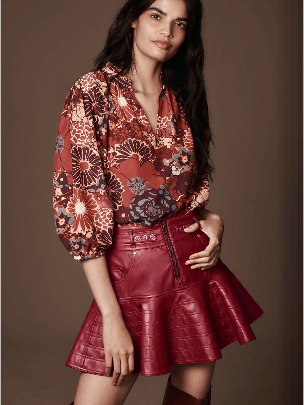 Anthropologie Wine Faux Leather A-Line Skirt - Rust Wine 2 NWT